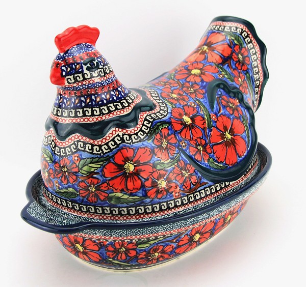 Polish Pottery Hen-Shaped Covered Baker & Dish, Poppies Unikat | Boleslawiec