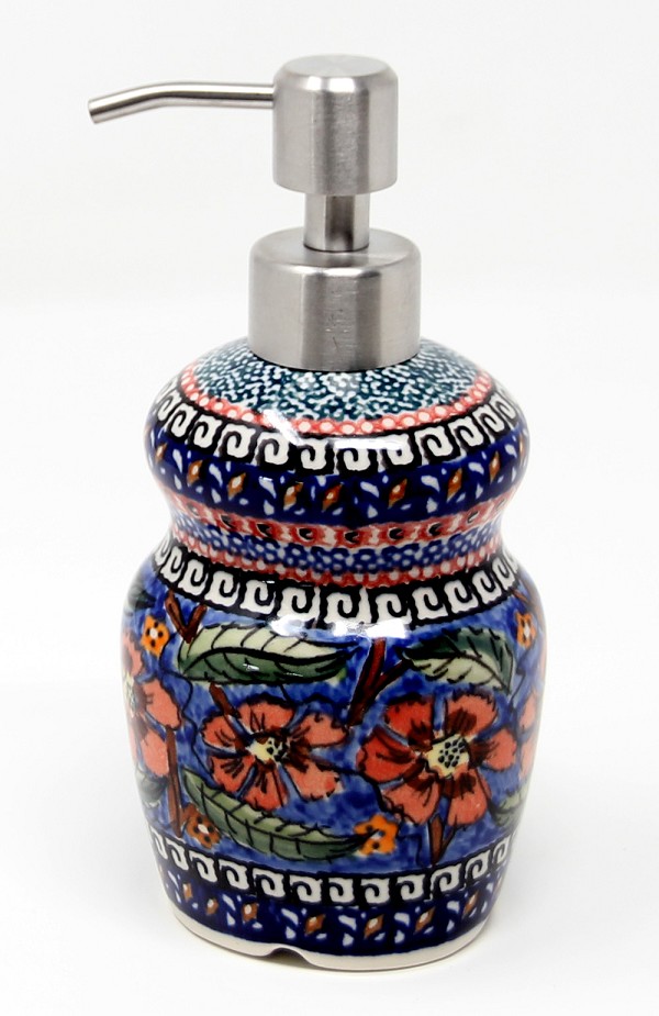 Polish Pottery Soap Dispenser 11 oz with Stainless Steel Pump, Poppies Unikat | Boleslawiec