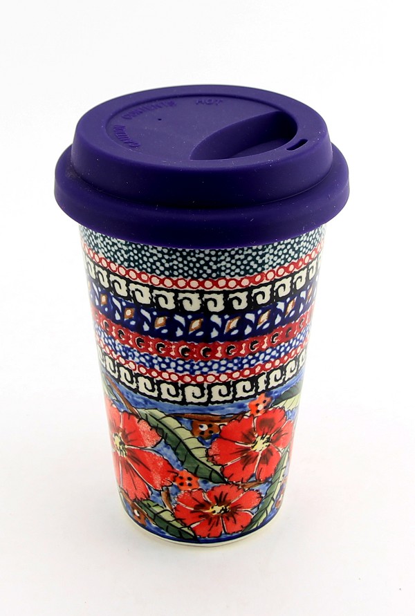 Polish Pottery Travel Coffee Mug 12 oz with Silicone Lid, Poppies Unikat | Boleslawiec