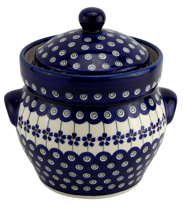 Polish Pottery Fermenting Crock 1.8 qt with Water-Seal Airlock, Floral Peacock | Boleslawiec
