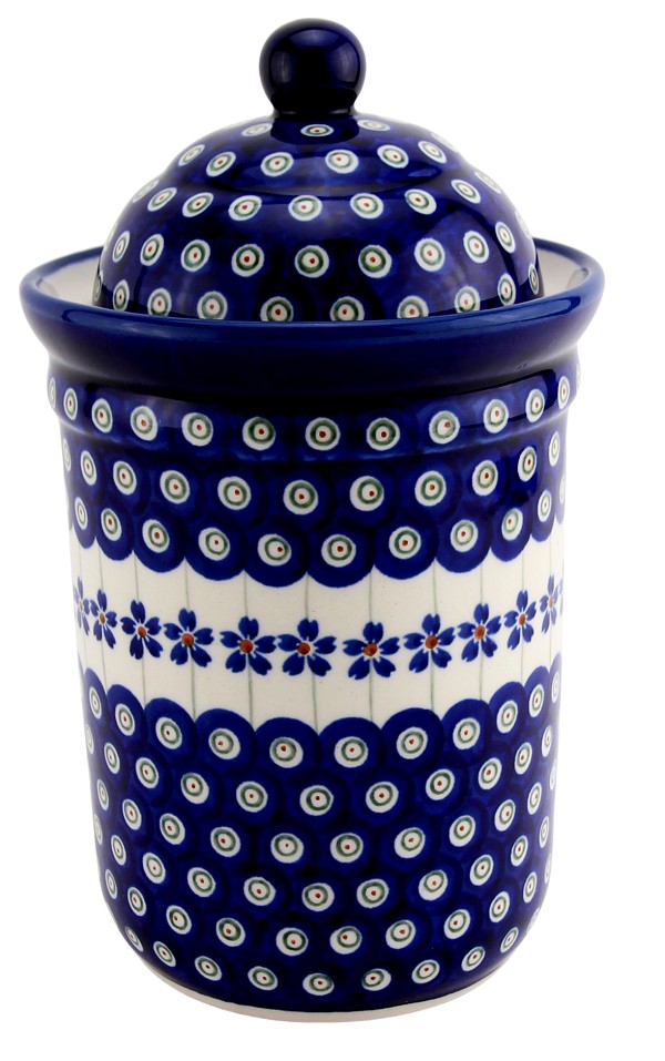 Polish Pottery Kitchen Canister with Lid 6 Cups / 45 oz, Floral Peacock | Boleslawiec