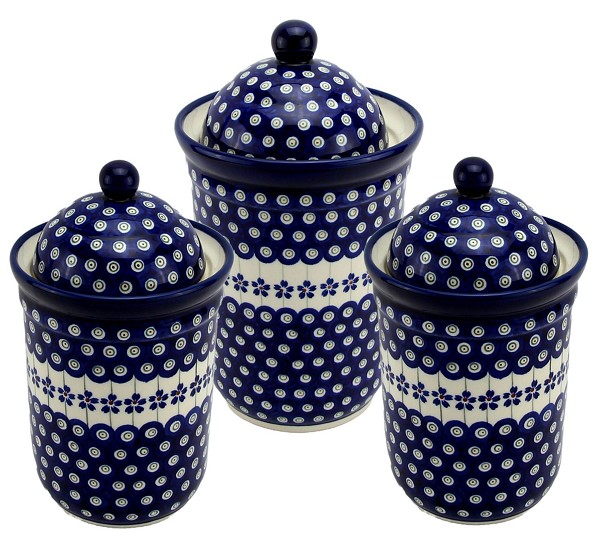 Polish Pottery 3-Piece Kitchen Canister Set, Floral Peacock | Boleslawiec