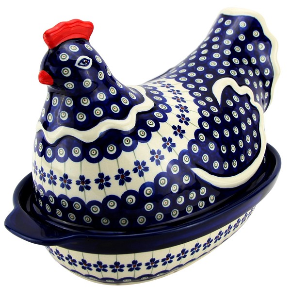 Polish Pottery Hen-Shaped Covered Baker & Dish, Floral Peacock | Boleslawiec