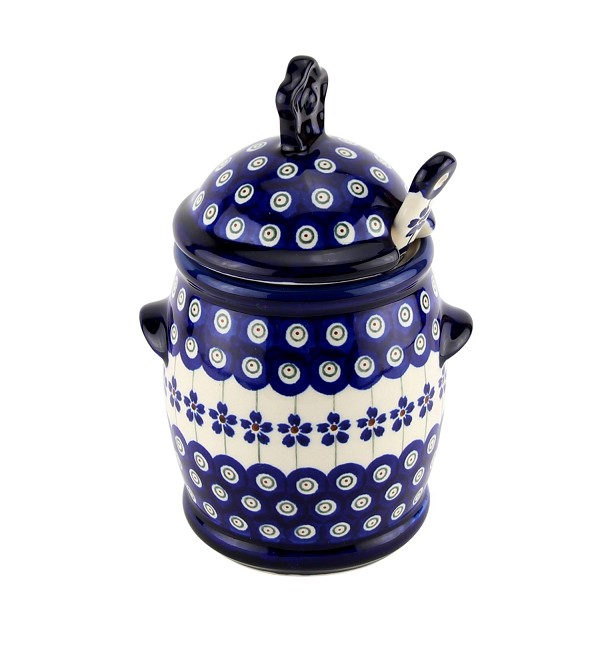 Polish Pottery Honey Pot with Dipper & Lid 18 oz, Floral Peacock | Boleslawiec