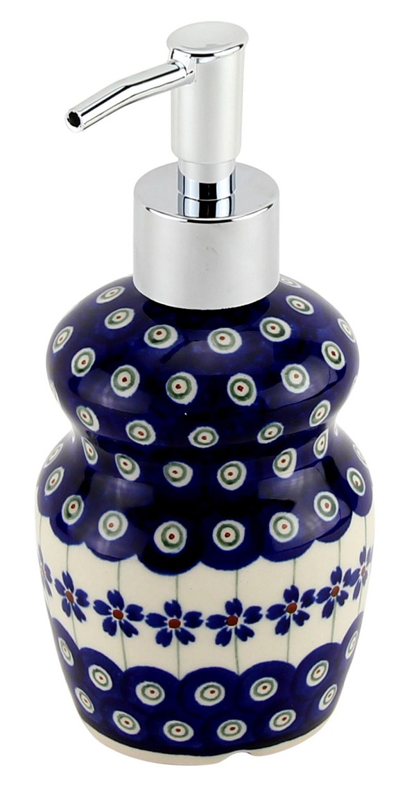 Polish Pottery Soap Dispenser 11 oz with Stainless Steel Pump, Floral Peacock | Boleslawiec