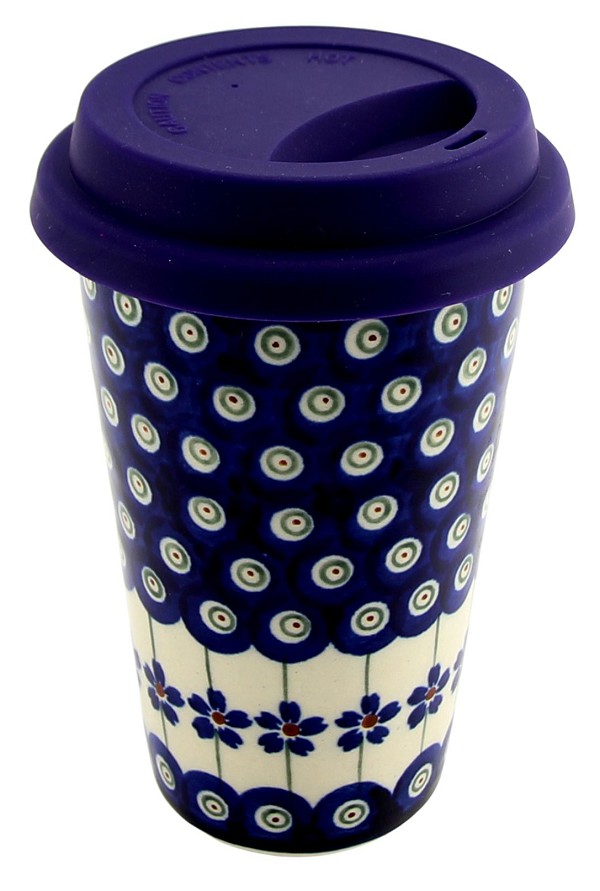 Polish Pottery Travel Coffee Mug 12 oz with Silicone Lid, Floral Peacock | Boleslawiec