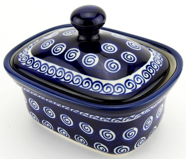 Polish Pottery Butter Dish with Lid 14 oz, Cobalt Swirl | Boleslawiec