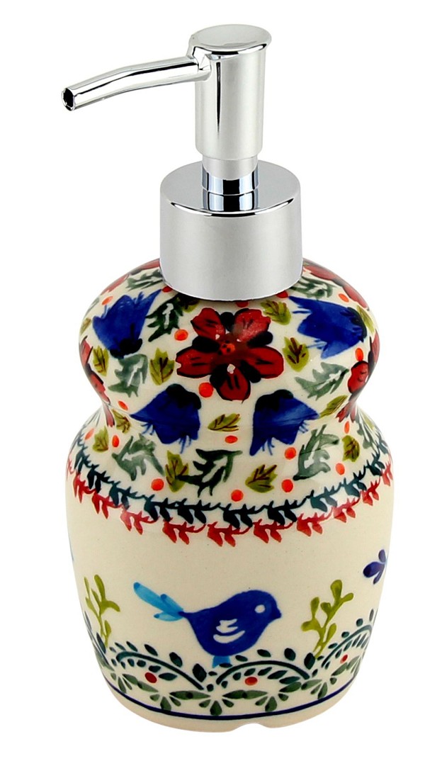 Polish Pottery Soap Dispenser 11 oz with Stainless Steel Pump, Bluebird Bouquet Unikat | Boleslawiec