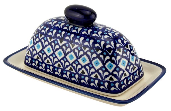 Polish Pottery Butter Dish with Lid, Blue Diamond Dream | Boleslawiec