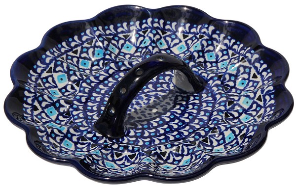 Polish Pottery Deviled Egg Platter with Handle 12-Egg, Blue Diamond Dream | Boleslawiec