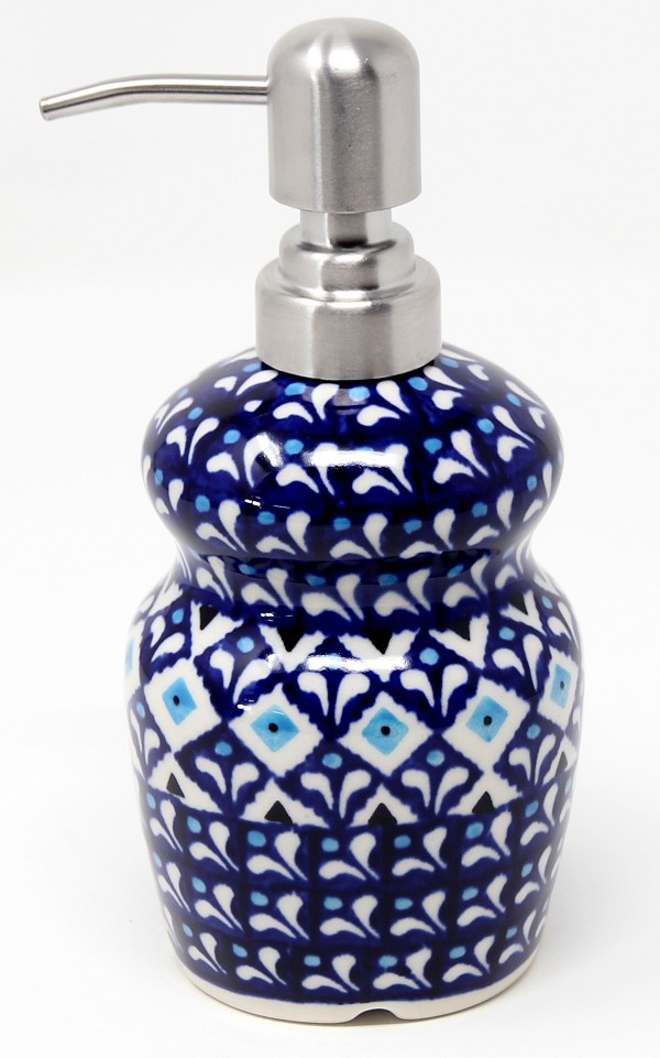 Polish Pottery Soap Dispenser 11 oz with Stainless Steel Pump, Blue Diamond Dream | Boleslawiec