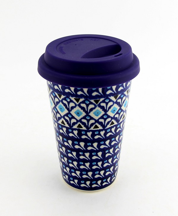 Polish Pottery Travel Coffee Mug 12 oz with Silicone Lid, Blue Diamond Dream | Boleslawiec