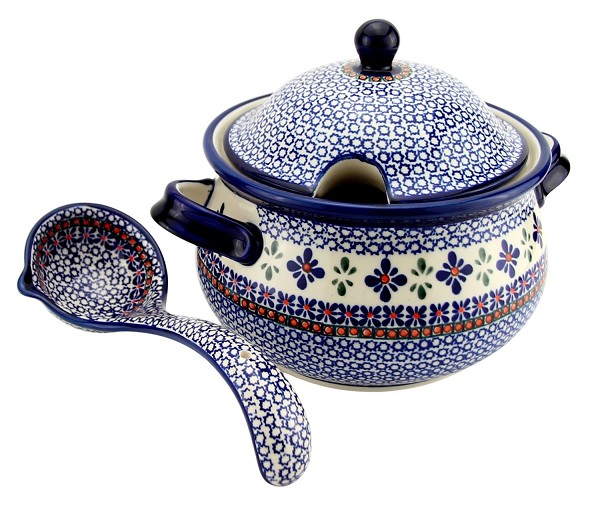 Polish Pottery 3 qt Soup Tureen with Lid & Ladle, Star Flower | Boleslawiec