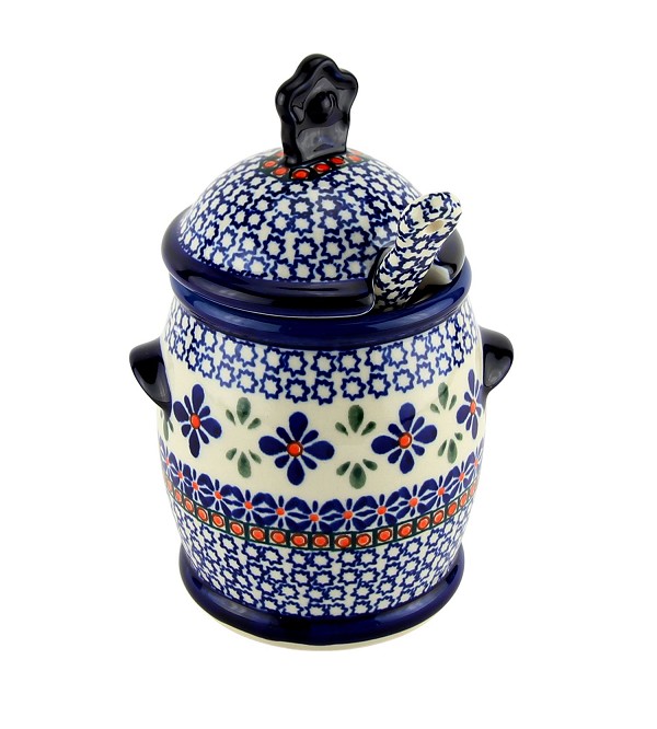 Polish Pottery Honey Pot with Dipper & Lid 18 oz, Star Flower | Boleslawiec