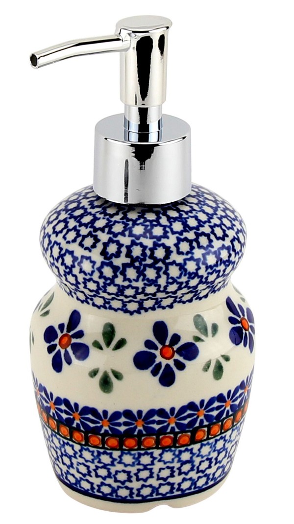 Polish Pottery Soap Dispenser 11 oz with Stainless Steel Pump, Star Flower | Boleslawiec