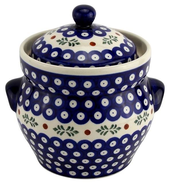 Polish Pottery Fermenting Crock 1.8 qt with Water-Seal Airlock, Holly Berries | Boleslawiec