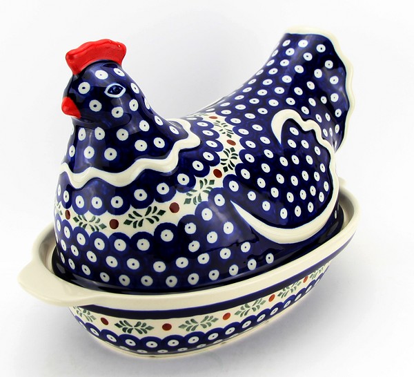 Polish Pottery Hen-Shaped Covered Baker & Dish, Holly Berries | Boleslawiec