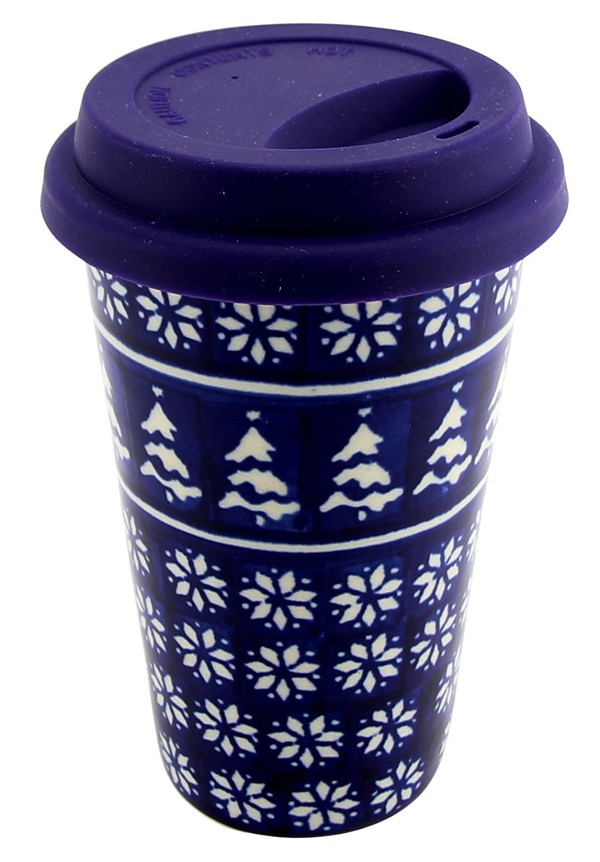 Polish Pottery Travel Coffee Mug 12 oz with Silicone Lid, Winter Night | Boleslawiec
