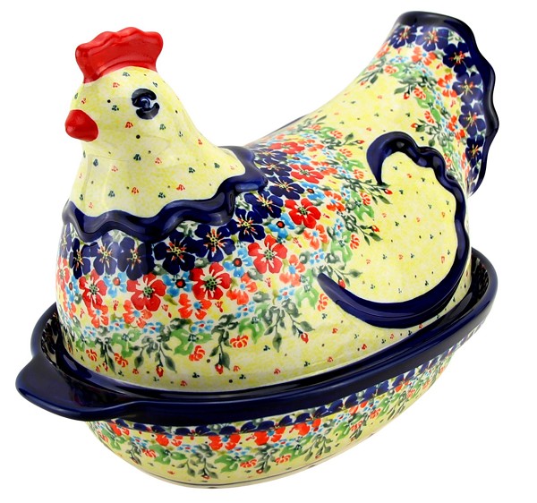 Polish Pottery Hen-Shaped Covered Baker & Dish, Radiant Garden Unikat | Boleslawiec