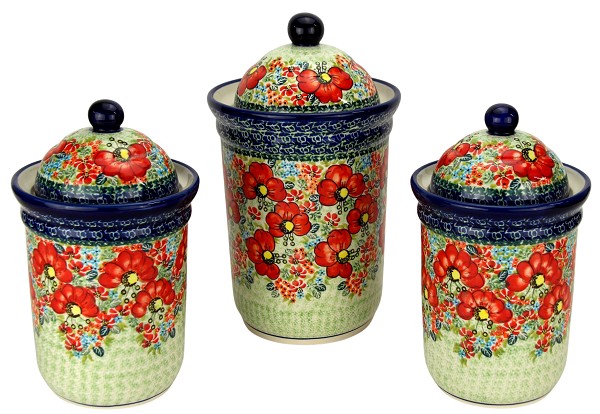 Polish Pottery 3-Piece Kitchen Canister Set, Garden Meadow Unikat | Boleslawiec