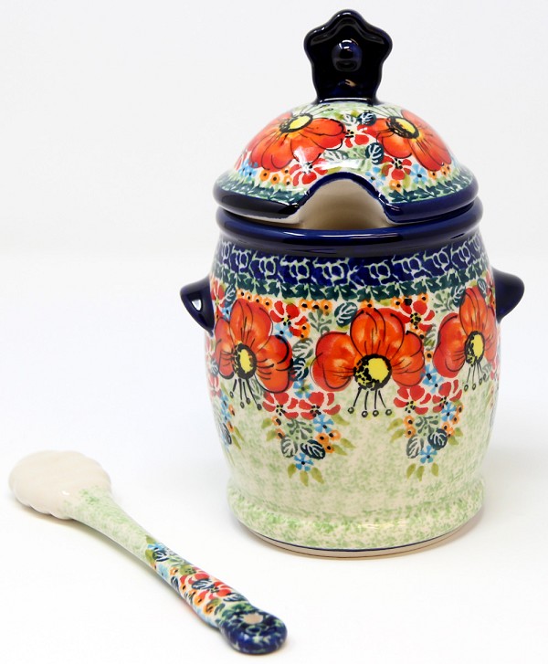 Polish Pottery Honey Pot with Dipper & Lid 18 oz, Garden Meadow Unikat | Boleslawiec