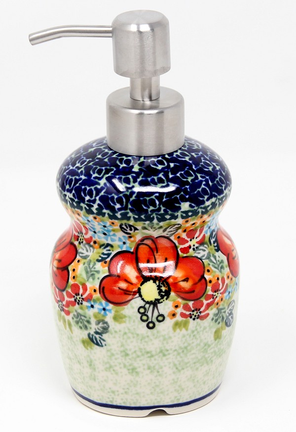 Polish Pottery Soap Dispenser 11 oz with Stainless Steel Pump, Garden Meadow Unikat | Boleslawiec