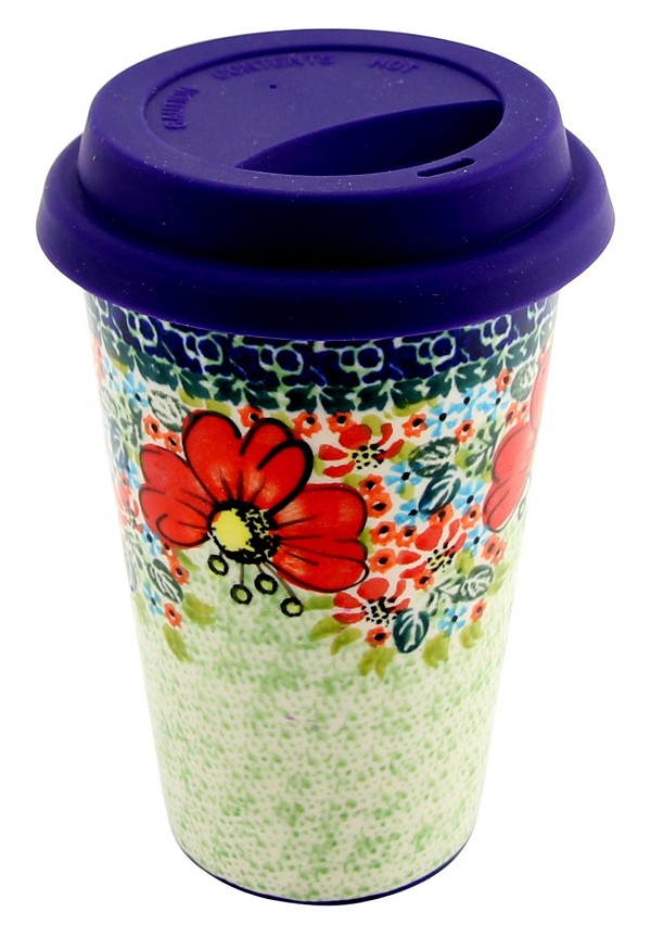 Polish Pottery Travel Coffee Mug 12 oz with Silicone Lid, Garden Meadow Unikat | Boleslawiec