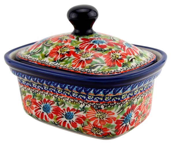 Polish Pottery Butter Dish with Lid 14 oz, Floral Garden Unikat | Boleslawiec