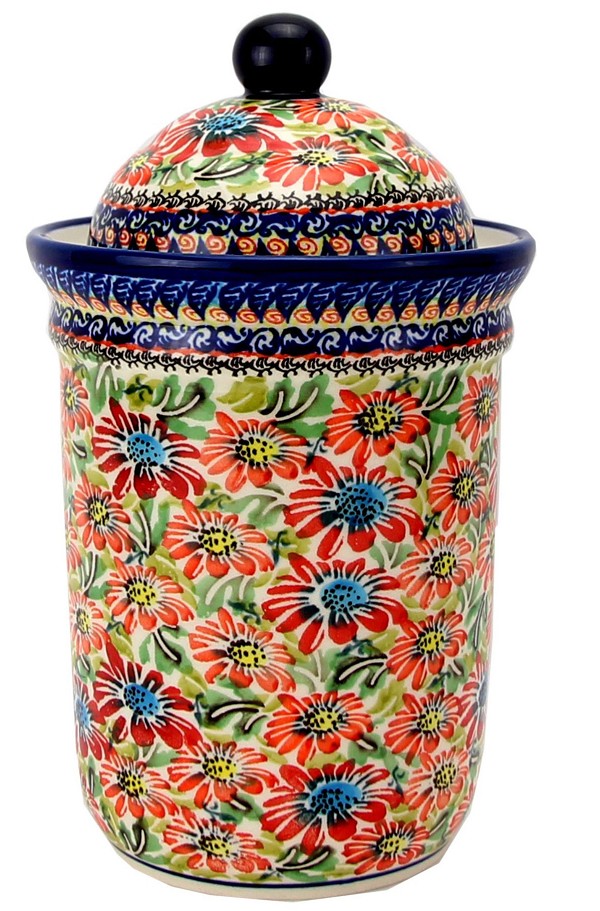 Polish Pottery Kitchen Canister with Lid 6 Cups / 45 oz, Floral Garden Unikat | Boleslawiec