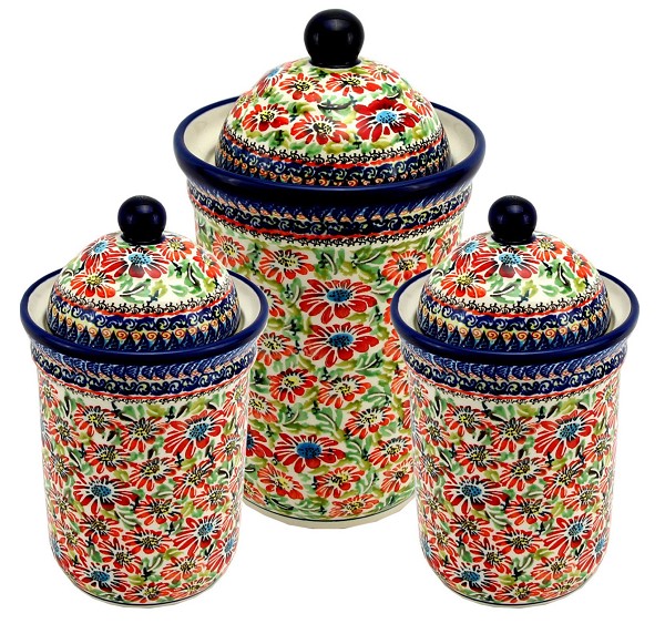 Polish Pottery 3-Piece Kitchen Canister Set, Floral Garden Unikat | Boleslawiec