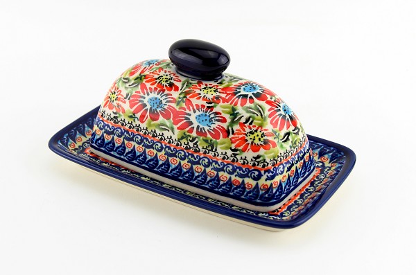 Polish Pottery Butter Dish with Lid, Floral Garden Unikat | Boleslawiec
