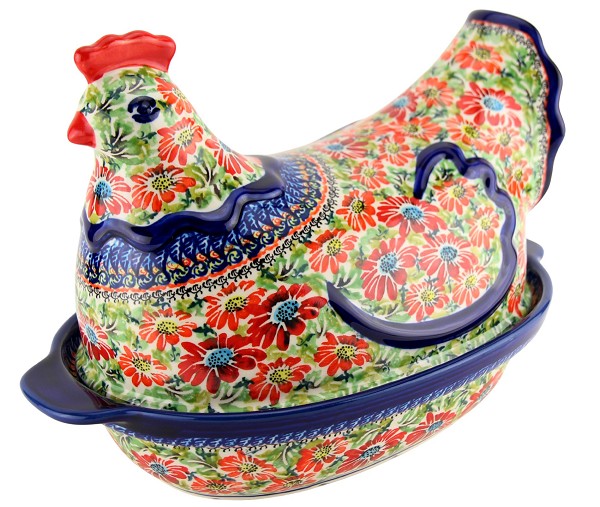 Polish Pottery Hen-Shaped Covered Baker & Dish, Floral Garden Unikat | Boleslawiec