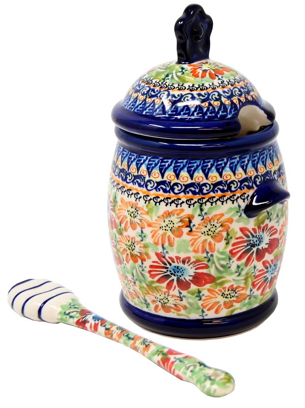 Polish Pottery Honey Pot with Dipper & Lid 18 oz, Floral Garden Unikat | Boleslawiec