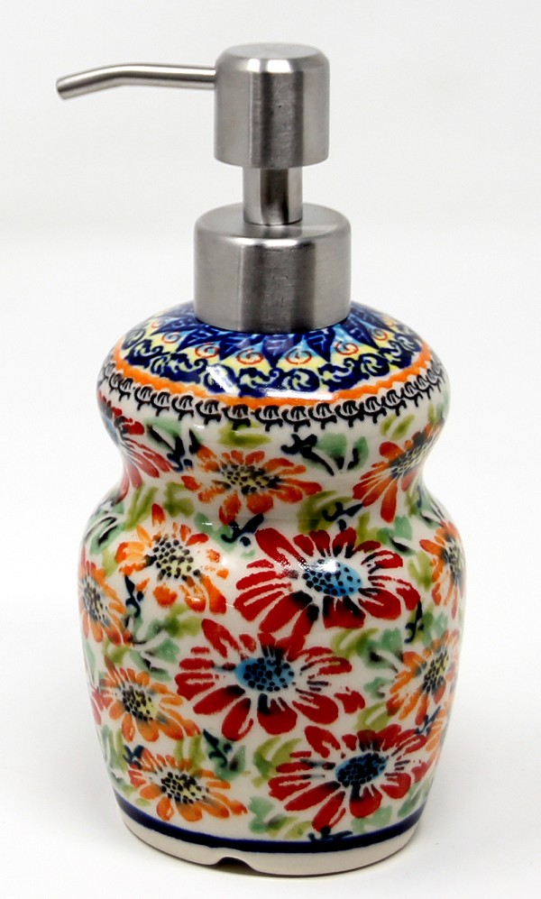 Polish Pottery Soap Dispenser 11 oz with Stainless Steel Pump, Floral Garden Unikat | Boleslawiec