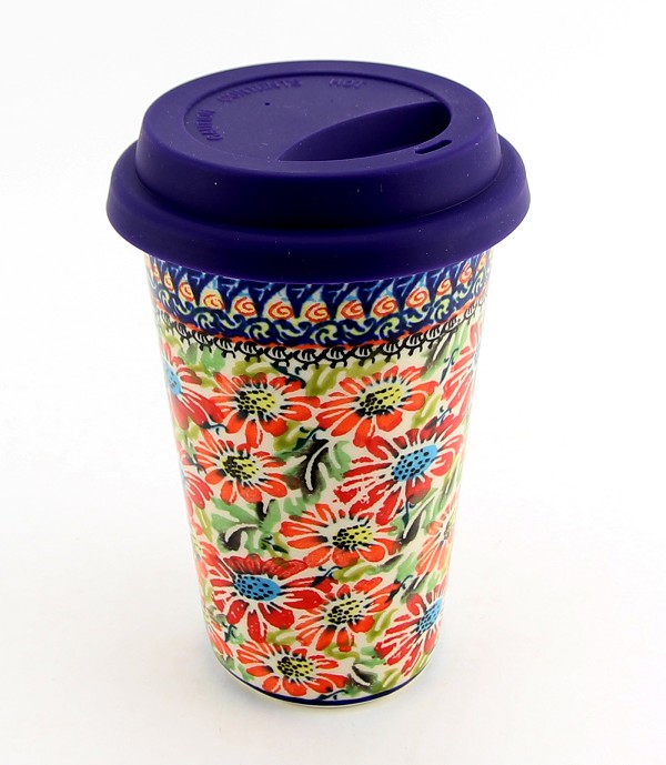 Polish Pottery Travel Coffee Mug 12 oz with Silicone Lid, Floral Garden Unikat | Boleslawiec