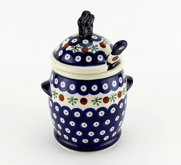 Polish Pottery Honey Pot with Dipper & Lid 18 oz, Nature | Boleslawiec