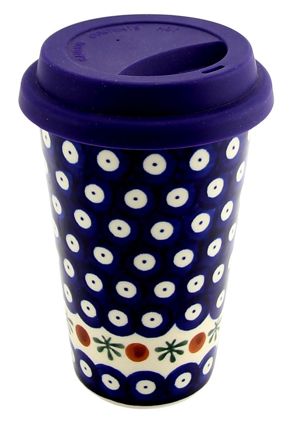 Polish Pottery Travel Coffee Mug 12 oz with Silicone Lid, Nature | Boleslawiec