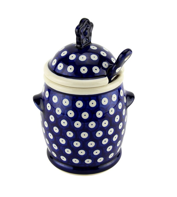 Polish Pottery Honey Pot with Dipper & Lid 18 oz, Polka Dot | Boleslawiec