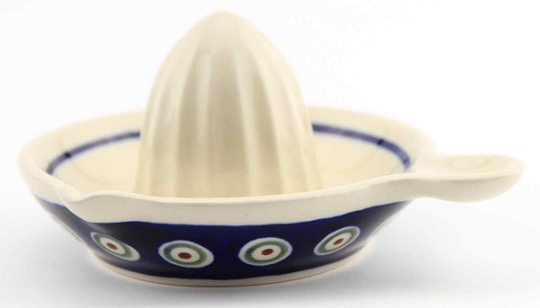 Polish Pottery Hand Lemon Squeezer with Handle and Pour Spout in Peacock Design