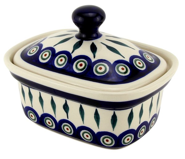 Polish Pottery Butter Dish with Lid 14 oz, Peacock | Boleslawiec