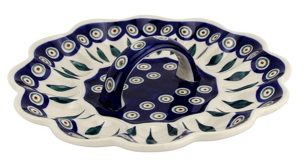 Polish Pottery Deviled Egg Platter with Handle 12-Egg, Peacock | Boleslawiec