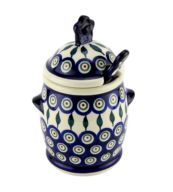 Polish Pottery Honey Pot with Dipper & Lid 18 oz, Peacock | Boleslawiec