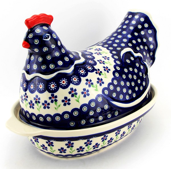 Polish Pottery Hen-Shaped Covered Baker & Dish, Floral Peacock Fiesta | Boleslawiec