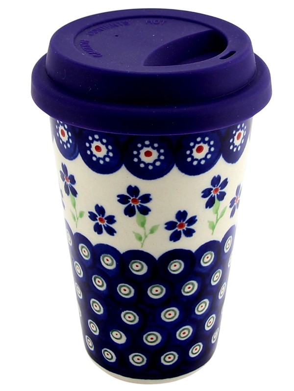 Polish Pottery Travel Coffee Mug 12 oz with Silicone Lid, Floral Peacock Fiesta | Boleslawiec