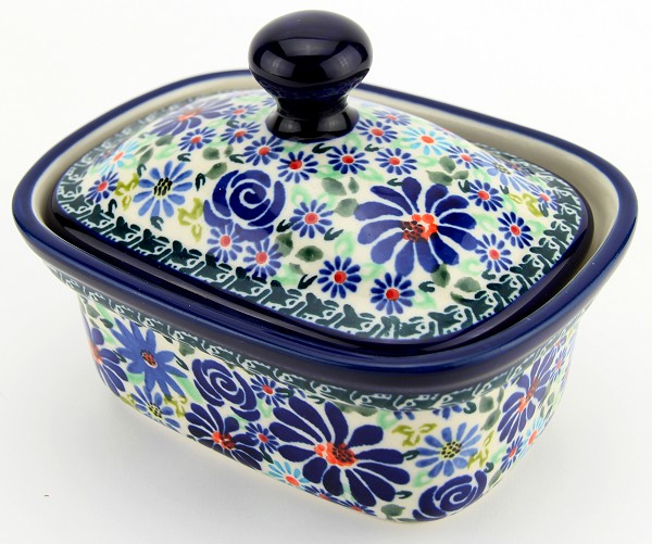 Polish Pottery Butter Dish with Lid 14 oz, Floral Swirl Celebration | Boleslawiec