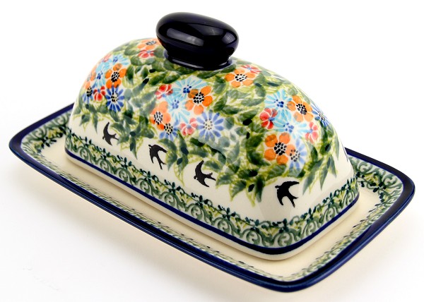 Polish Pottery Butter Dish with Lid, Spring Swallow Serenade | Boleslawiec