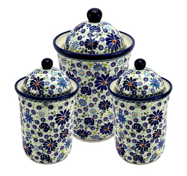 Polish Pottery 3-Piece Kitchen Canister Set, Floral Swirl Celebration | Boleslawiec