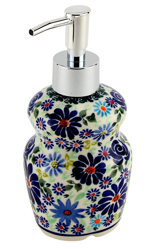 Polish Pottery Soap Dispenser 11 oz with Stainless Steel Pump, Floral Swirl Celebration | Boleslawiec