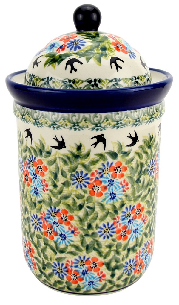 Polish Pottery Kitchen Canister with Lid 6 Cups / 45 oz, Spring Swallow Serenade | Boleslawiec