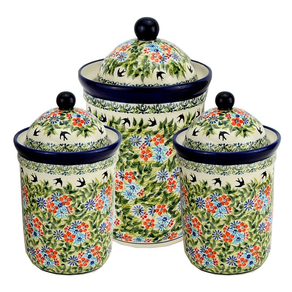 Polish Pottery 3-Piece Kitchen Canister Set, Spring Swallow Serenade | Boleslawiec